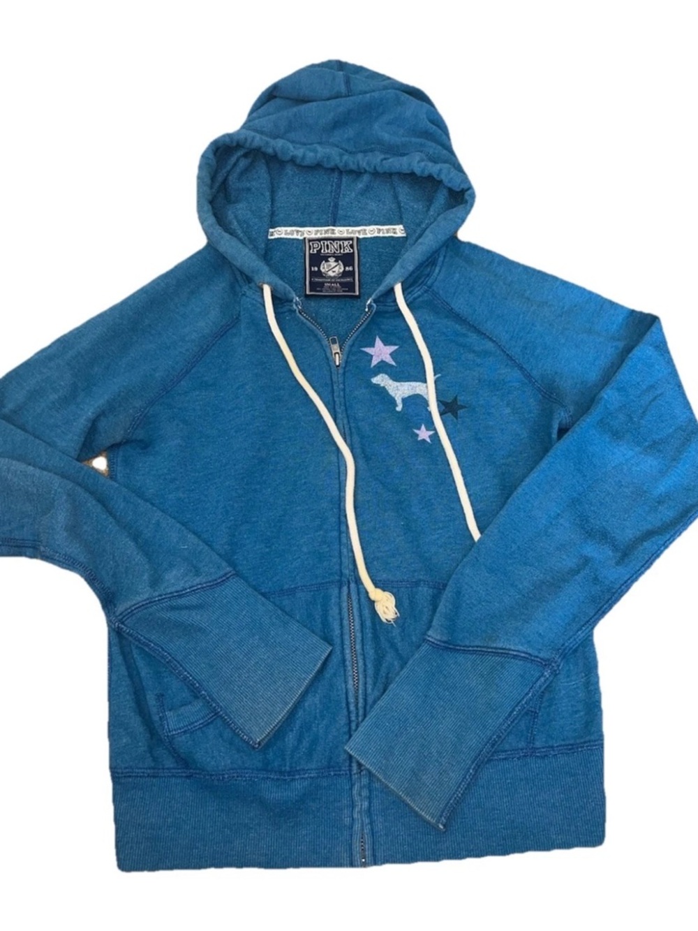 Vintage Y2K Victoria’s Secret PINK zip Up Hooded Jacket Blue KISS ME Size Small